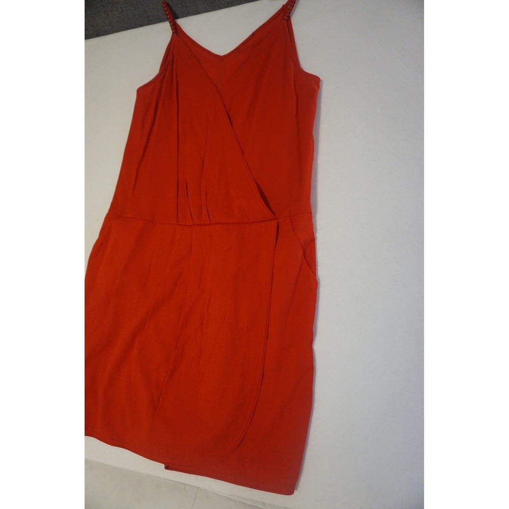 Color Block Red Beaded Trim Surplice Mini Dress Pockets Viscose Blend 6126132